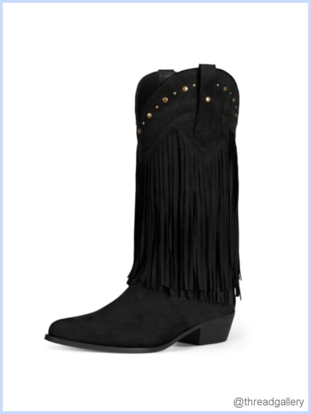 Faux Suede Fringe Cowboy Boots Mid Calf Chunky Heel Western Women